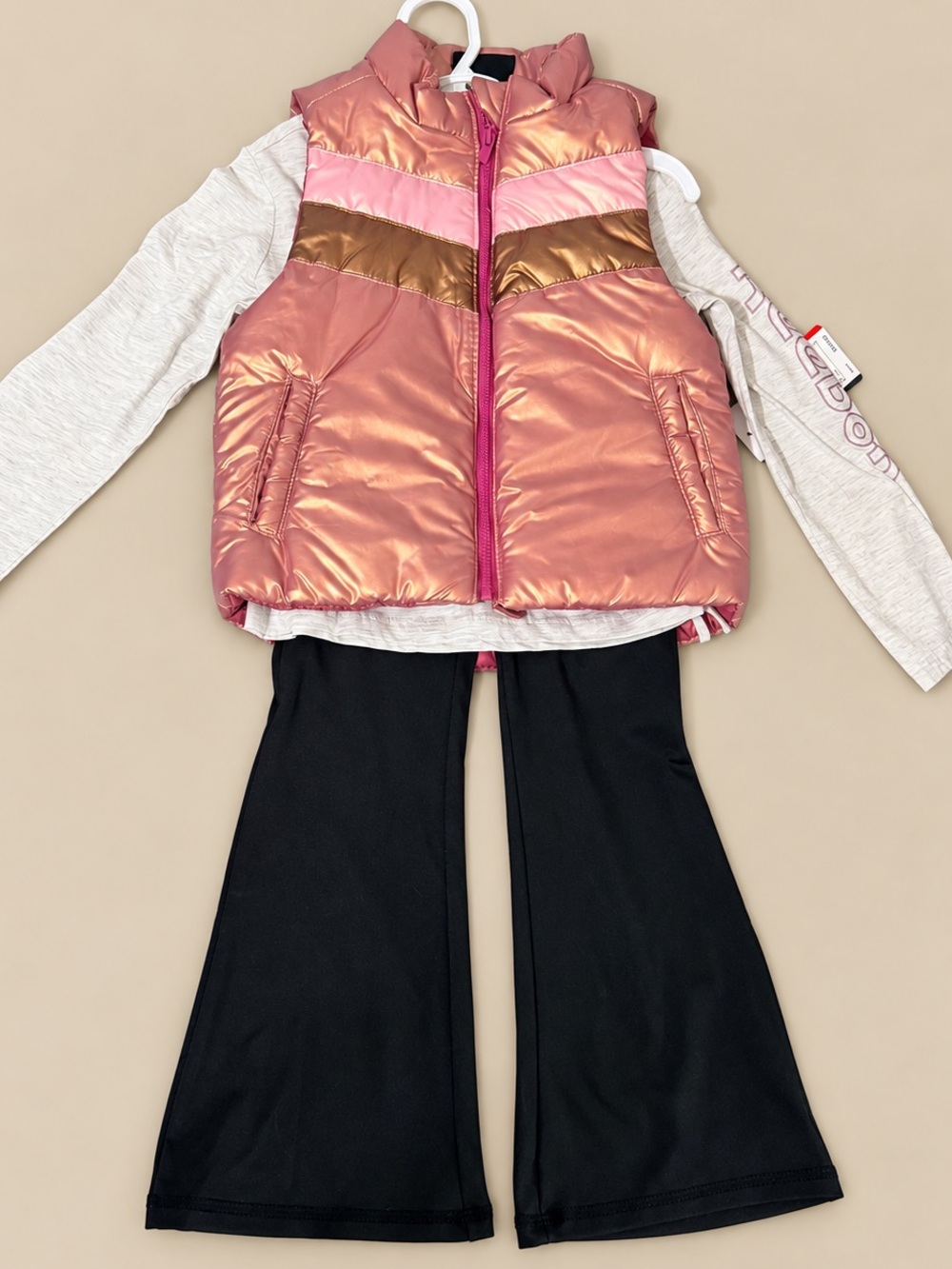 Reebok Pink Metallic Chevron Puffer Vest Set with Black Flare Pants